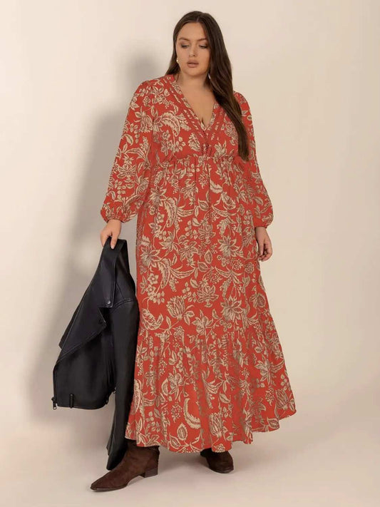 Plus Size Lace Detail Printed Balloon Sleeve Midi Dress - Trendsi - Flyclothing LLC