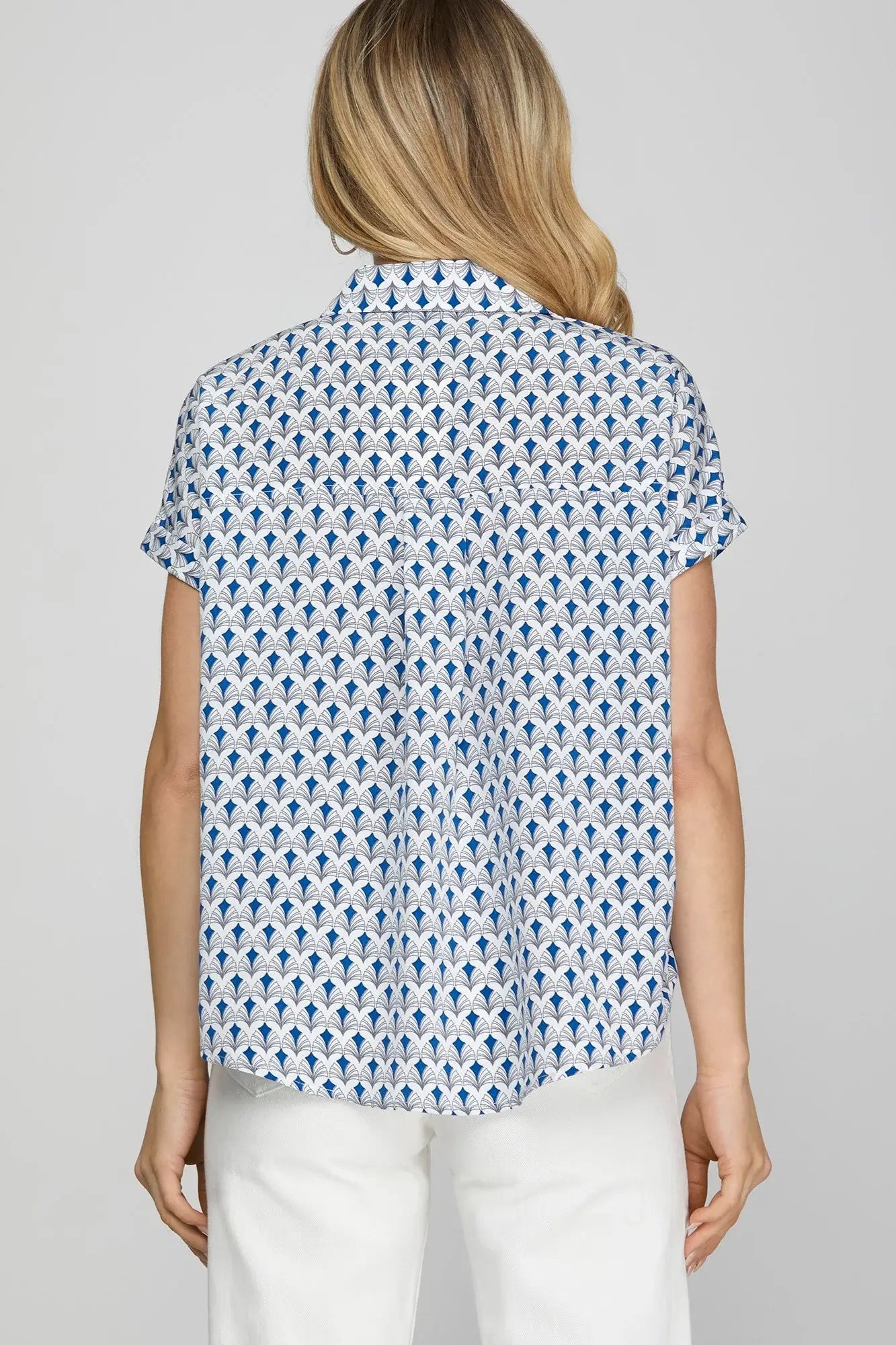 She + Sky Full Size Printed Johnny Collar Short Sleeve Blouse Plus Size - Trendsi - Flyclothing LLC