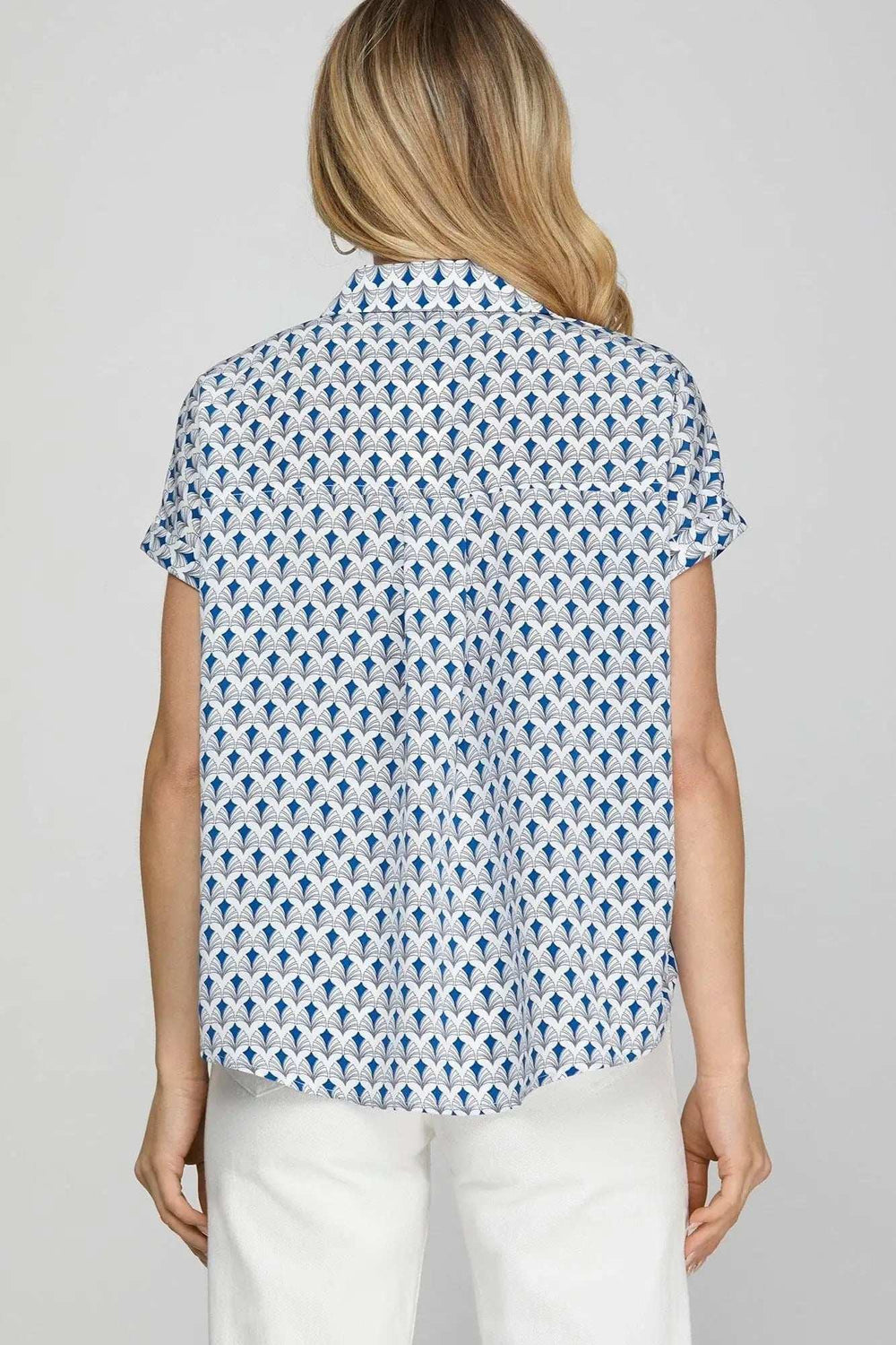She + Sky Full Size Printed Johnny Collar Short Sleeve Blouse Plus Size - Trendsi - Flyclothing LLC
