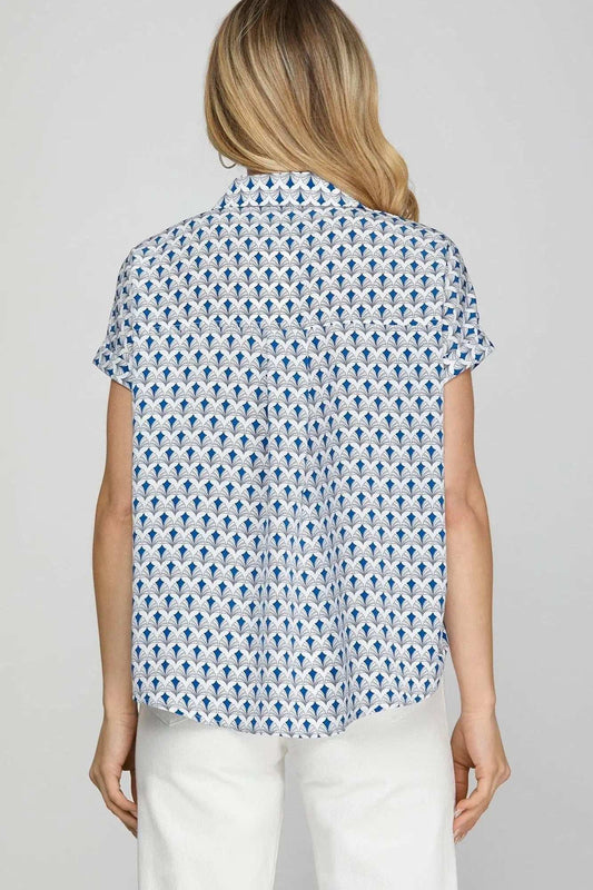 She + Sky Full Size Printed Johnny Collar Short Sleeve Blouse Plus Size - Trendsi - Flyclothing LLC
