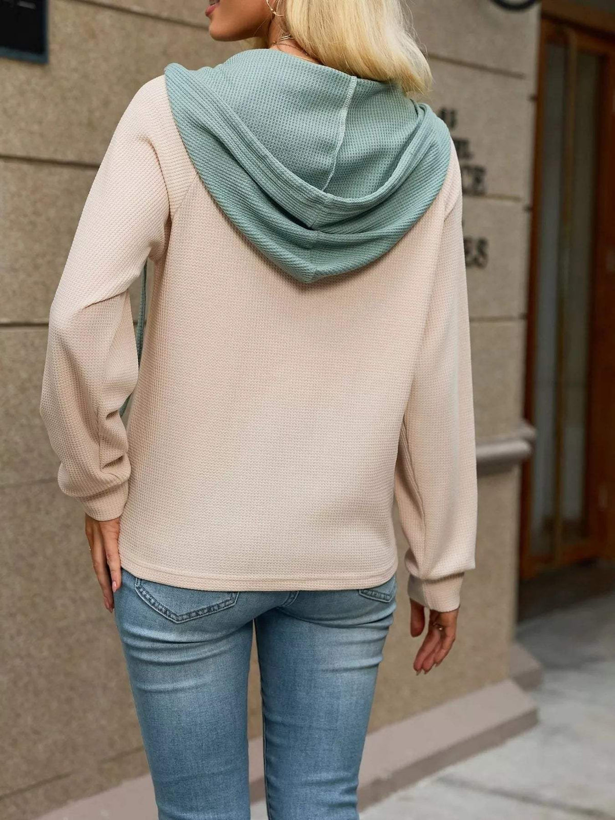 Waffle Knit Henley Hoodie with Contrast Trim - Trendsi - Flyclothing LLC