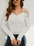Rhinestone Cutout Long Sleeve T-Shirt - Trendsi - Flyclothing LLC