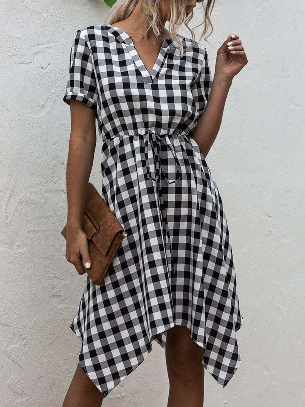 Plaid Notched Short Sleeve Dress - Trendsi - Flyclothing LLC