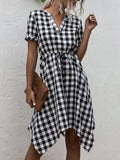 Plaid Notched Short Sleeve Dress - Trendsi