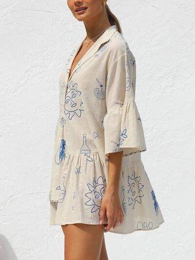 Button Detail Printed Mini Dress - Trendsi - Flyclothing LLC