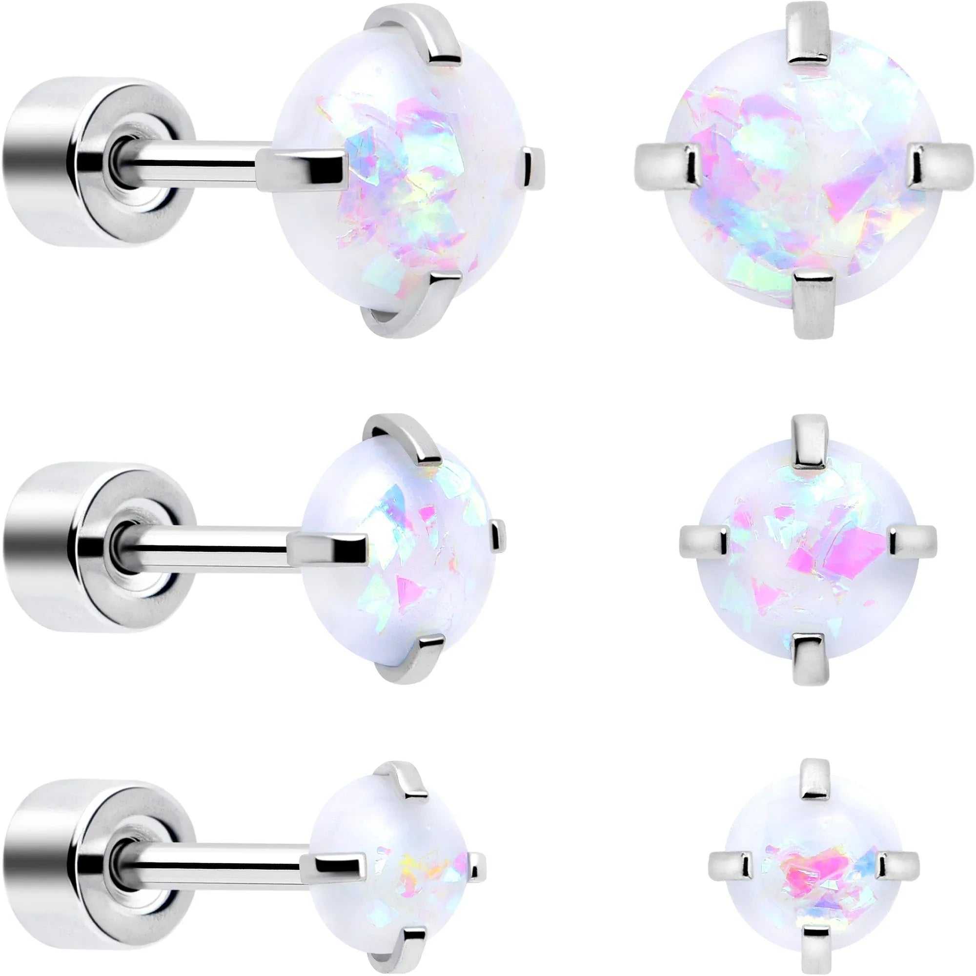 White Synthetic Opal Flat Back Stud Earrings - 3 Pairs - BodyCandy - Flyclothing LLC