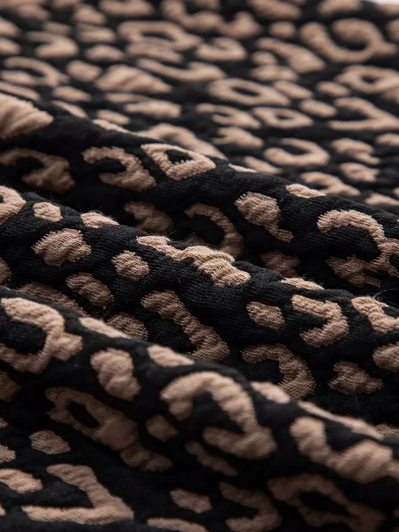 Leopard Print Puffy Bracelet Sleeve Contrast Trim Round Neck Top - Trendsi - Flyclothing LLC