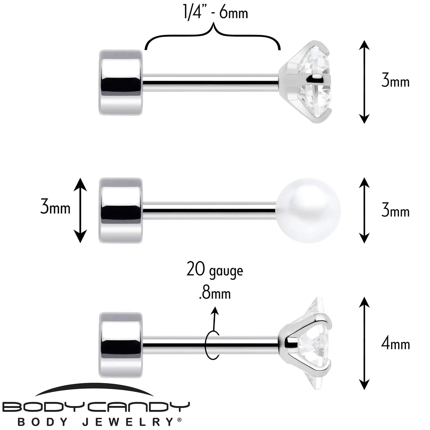 20G Clear Gem White Orb Flatback Earring Set of 6 - BodyCandy - Flyclothing LLC