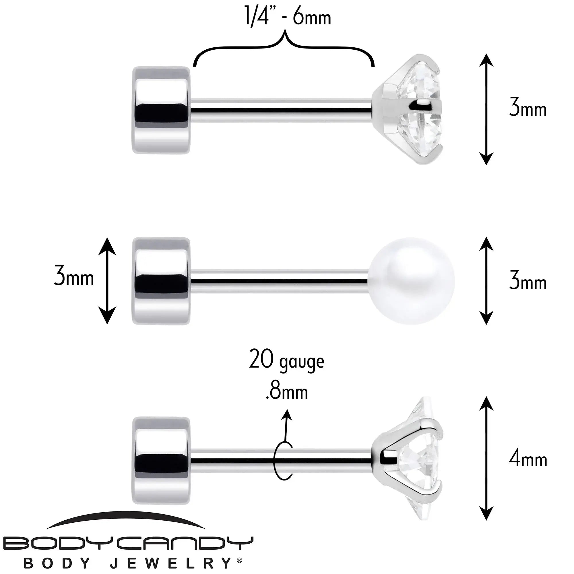 20G Clear Gem White Orb Flatback Earring Set of 6 - BodyCandy - Flyclothing LLC