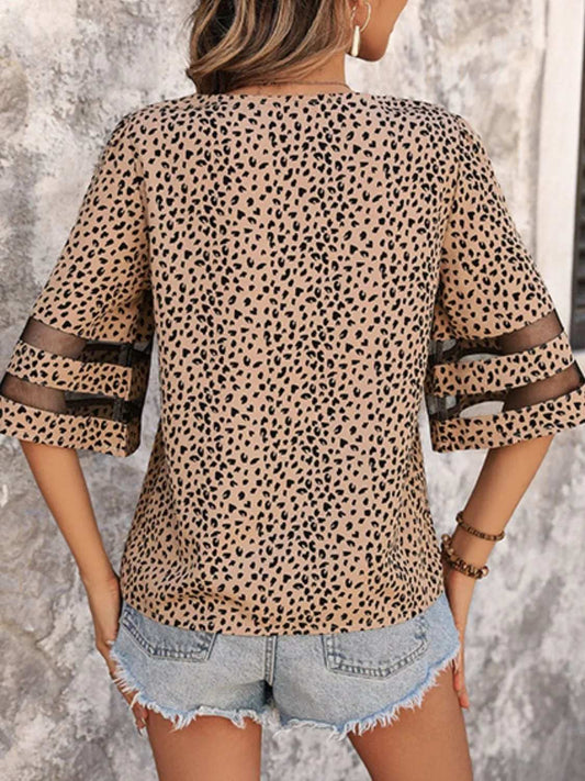 Printed V-Neck Half Sleeve Blouse - Trendsi - Flyclothing LLC