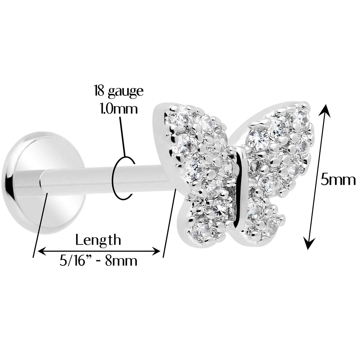 18G 5/16 CZ Gem Butterfly Paved Threadless Push In Labret Tragus - BodyCandy - Flyclothing LLC