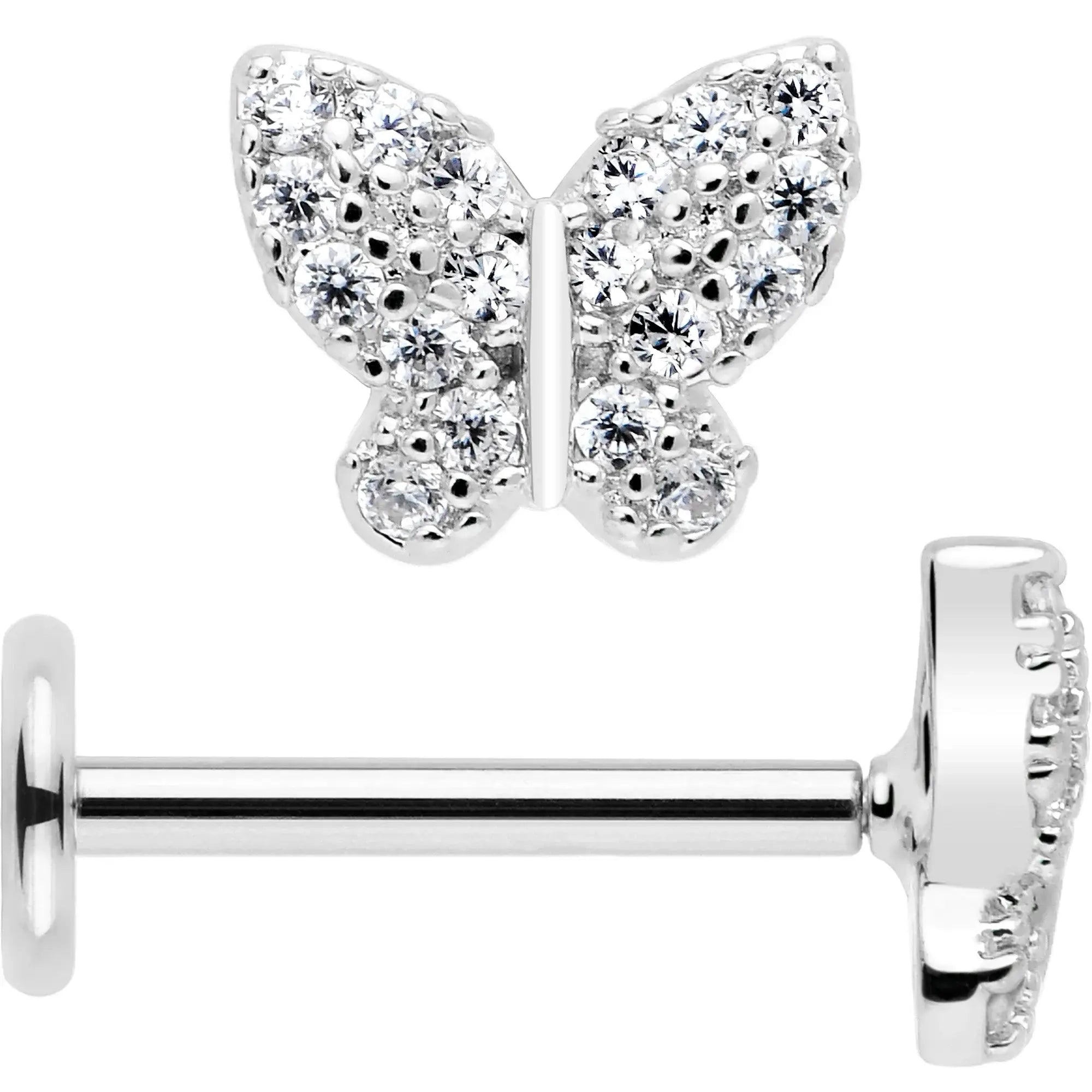 18G 5/16 CZ Gem Butterfly Paved Threadless Push In Labret Tragus - BodyCandy - Flyclothing LLC