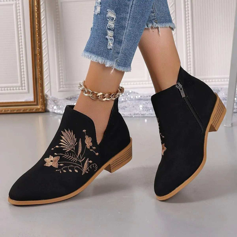 Embroidered Suede Point Toe Block Heel Boots - Trendsi - Flyclothing LLC