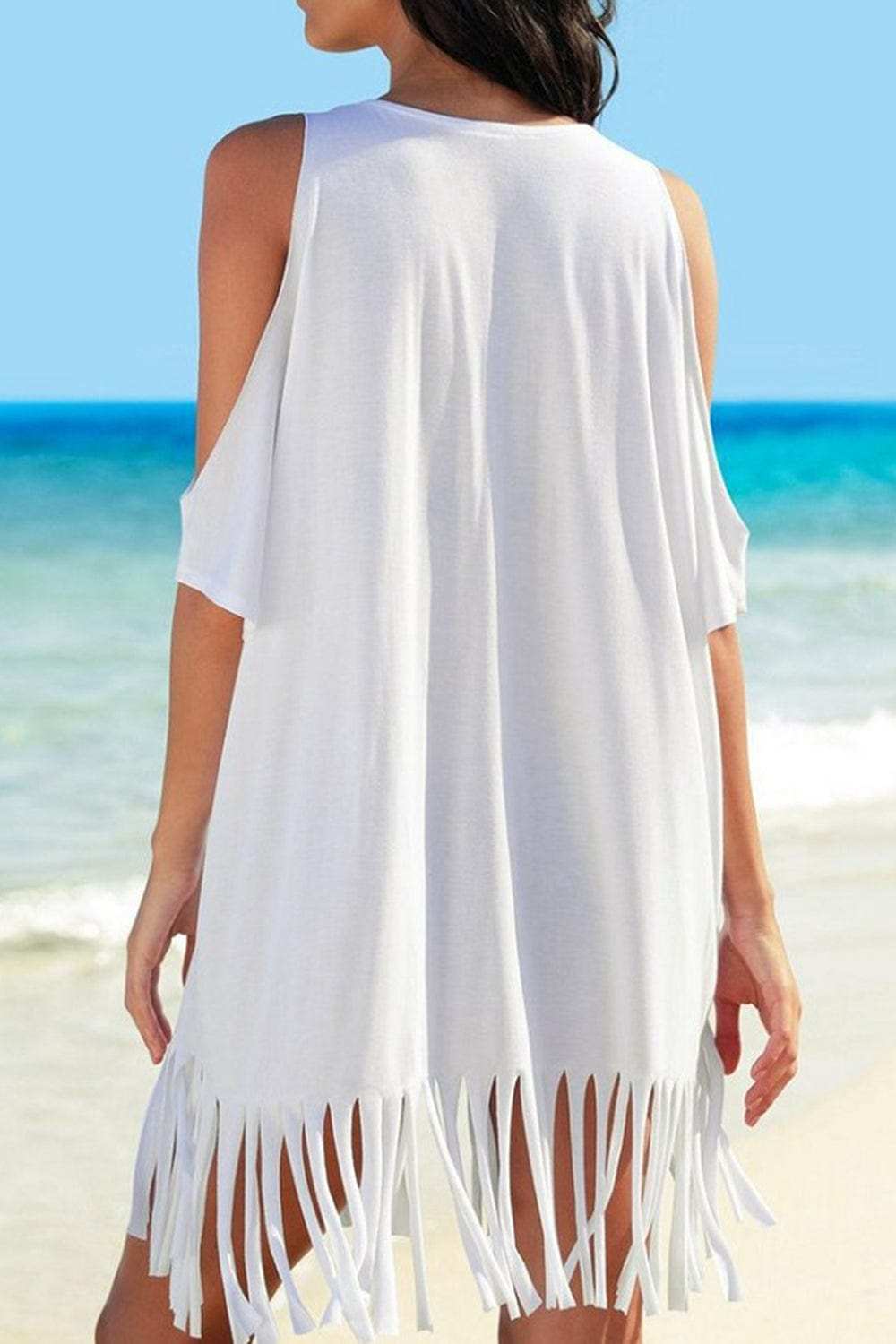 Fringe V-Neck Cold Shoulder Cover Up - Trendsi - Flyclothing LLC