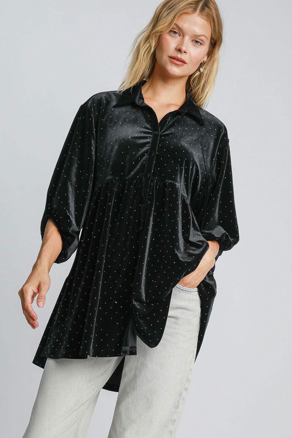 Umgee Full Size Polka Dot Button Up Half Sleeve Shirt - Trendsi - Flyclothing LLC