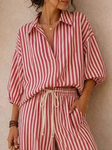 Full Size Striped Puff Sleeve Shirt and Wide-Leg Drawstring Pants Set Plus Size - Trendsi - Flyclothing LLC