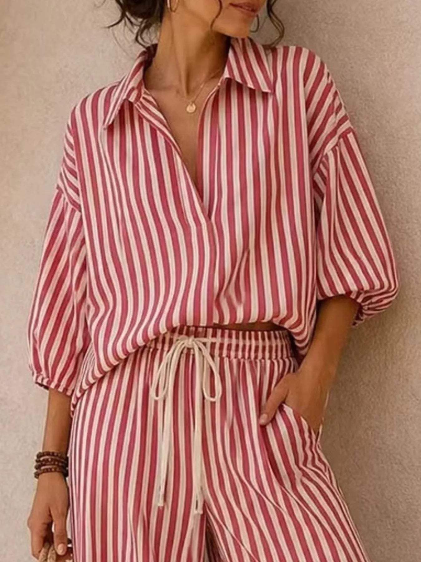 Full Size Striped Puff Sleeve Shirt and Wide-Leg Drawstring Pants Set Plus Size - Trendsi - Flyclothing LLC