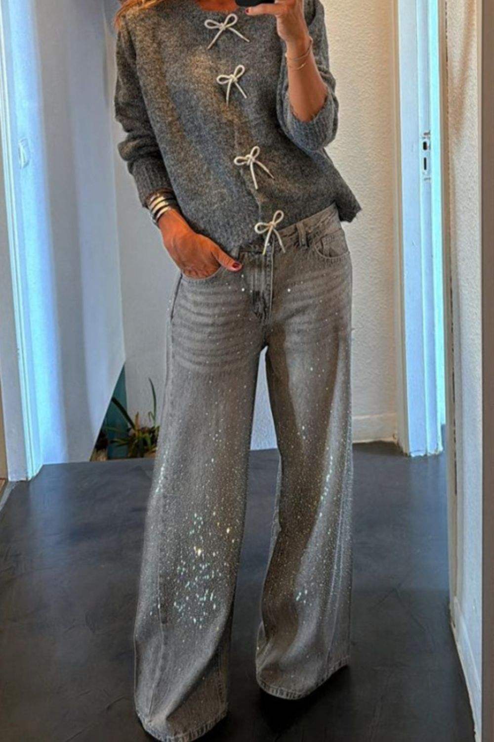 Bow Round Neck Long Sleeve Cardigan - Trendsi - Flyclothing LLC