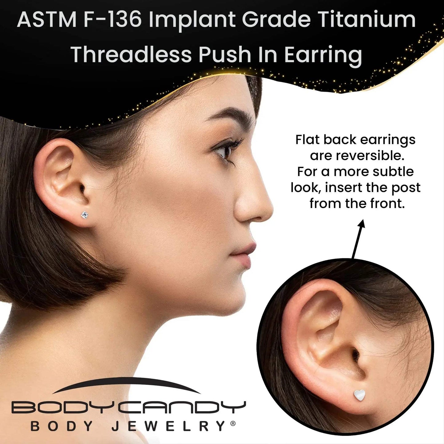 16G 5/16 Clear CZ Implant Grade Titanium Threadless Reversible Heart Flatback Stud - BodyCandy - Flyclothing LLC