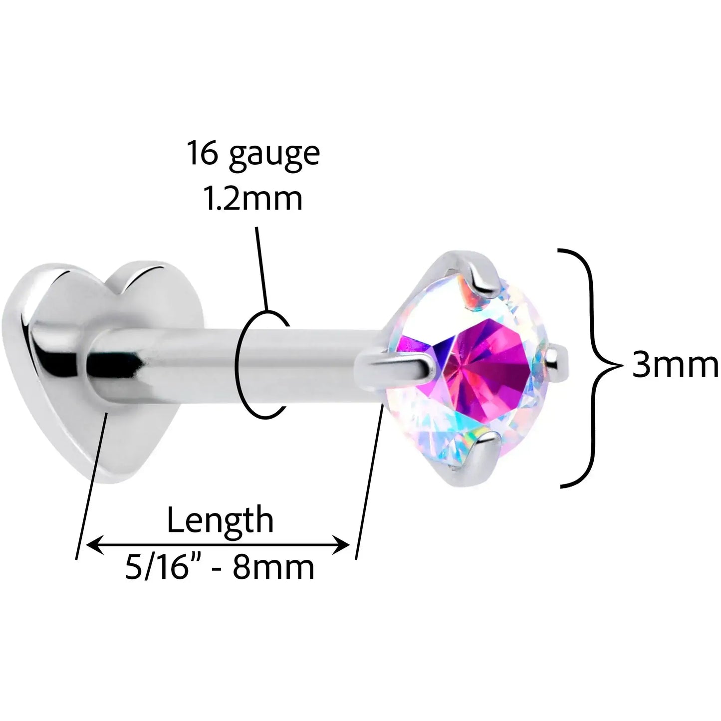 16G 5/16 Aurora CZ Implant Grade Titanium Threadless Reversible Heart Flatback Stud - BodyCandy - Flyclothing LLC