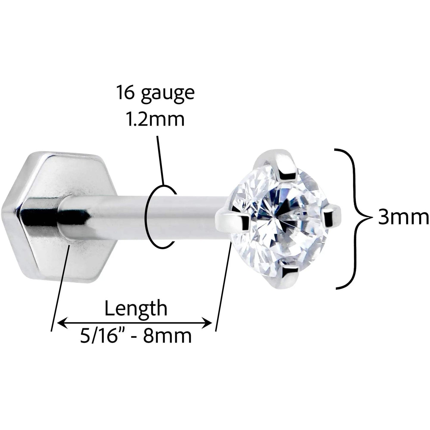 16G 5/16 Clear Gem Implant Grade Titanium Threadless Reversible Hex Flatback Stud - BodyCandy - Flyclothing LLC