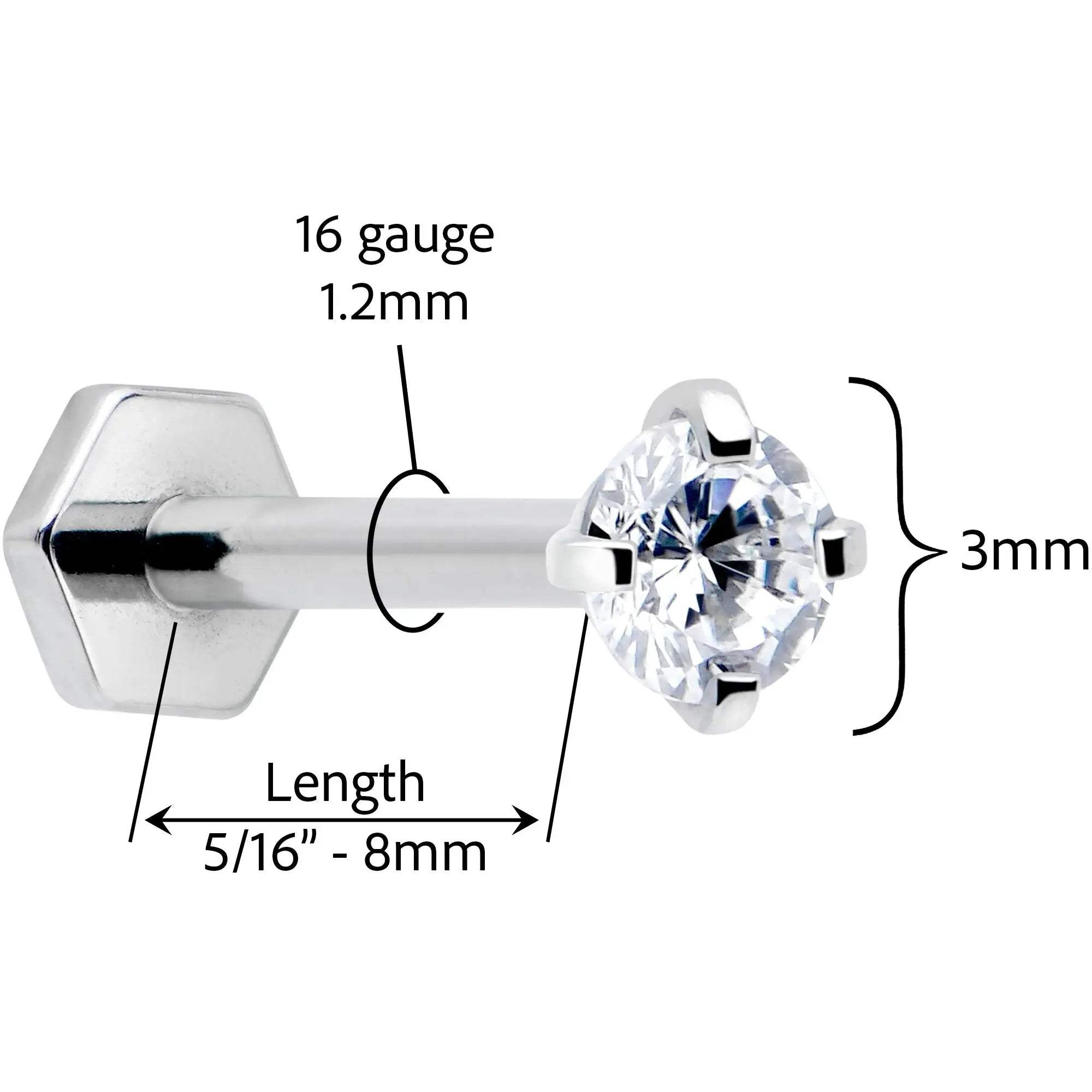 16G 5/16 Clear Gem Implant Grade Titanium Threadless Reversible Hex Flatback Stud - BodyCandy - Flyclothing LLC