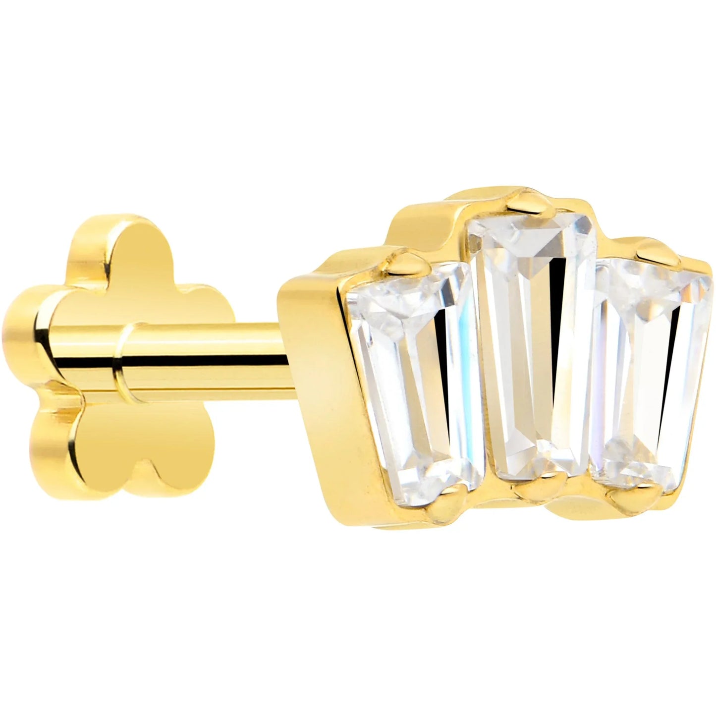 18G 1/4 Clear Gem 14k Gold Plated Implant Grade Titanium Threadless Flower Reversible Flat Back Earring - BodyCandy - Flyclothing LLC