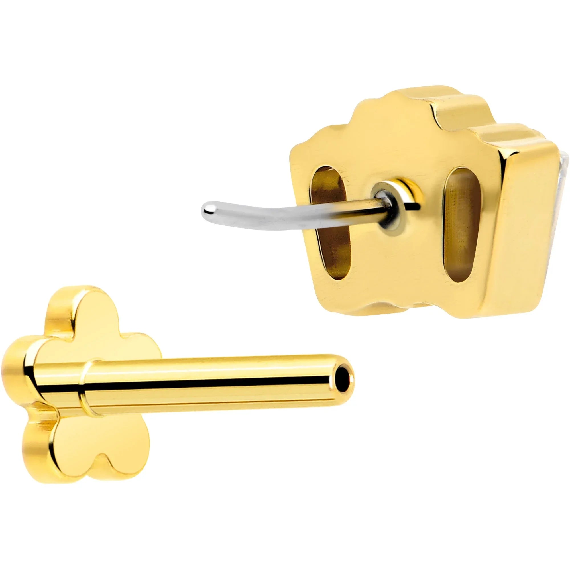 18G 1/4 Clear Gem 14k Gold Plated Implant Grade Titanium Threadless Flower Reversible Flat Back Earring - BodyCandy - Flyclothing LLC