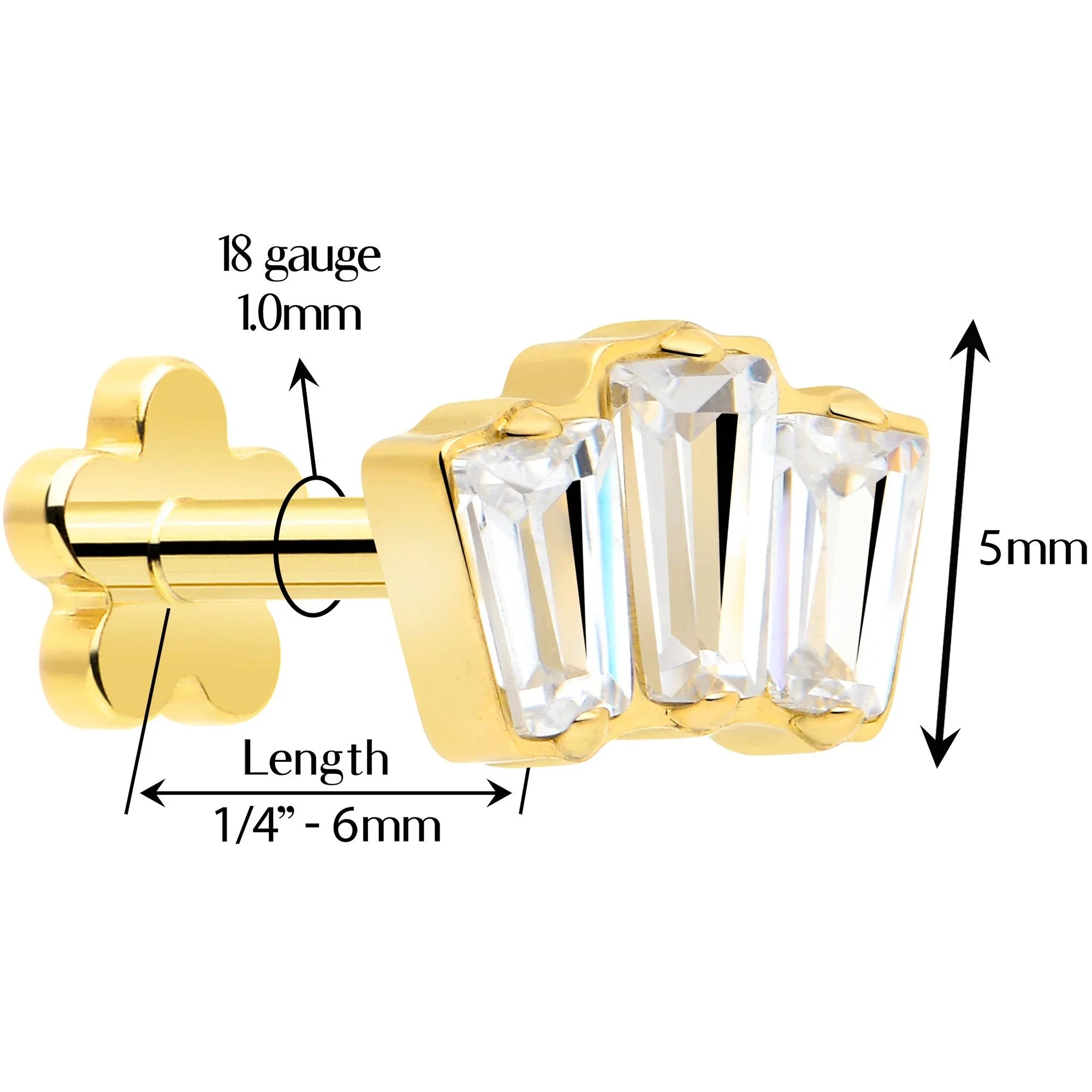 18G 1/4 Clear Gem 14k Gold Plated Implant Grade Titanium Threadless Flower Reversible Flat Back Earring - BodyCandy - Flyclothing LLC