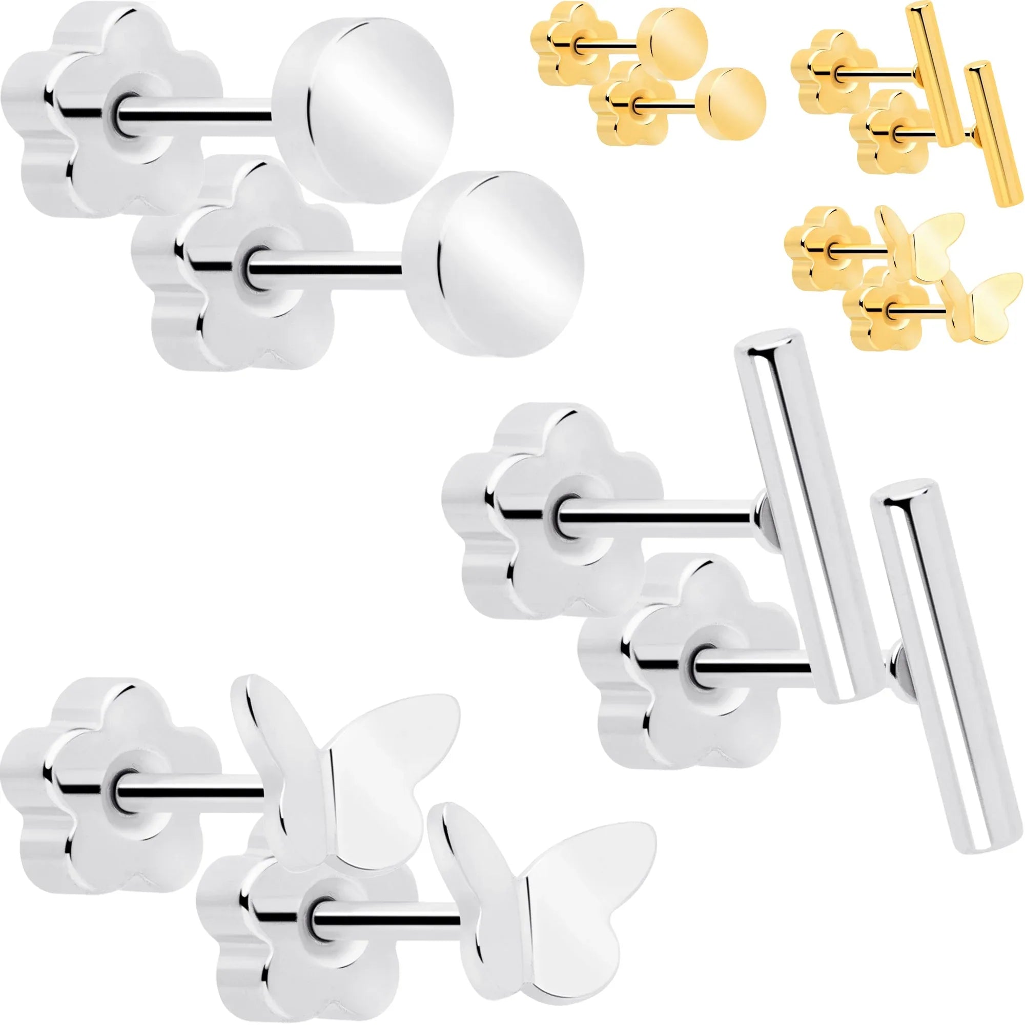 20G Bar Disc Butterfly Reversible Flower Flat Back Earring Set of 6 - BodyCandy - Flyclothing LLC