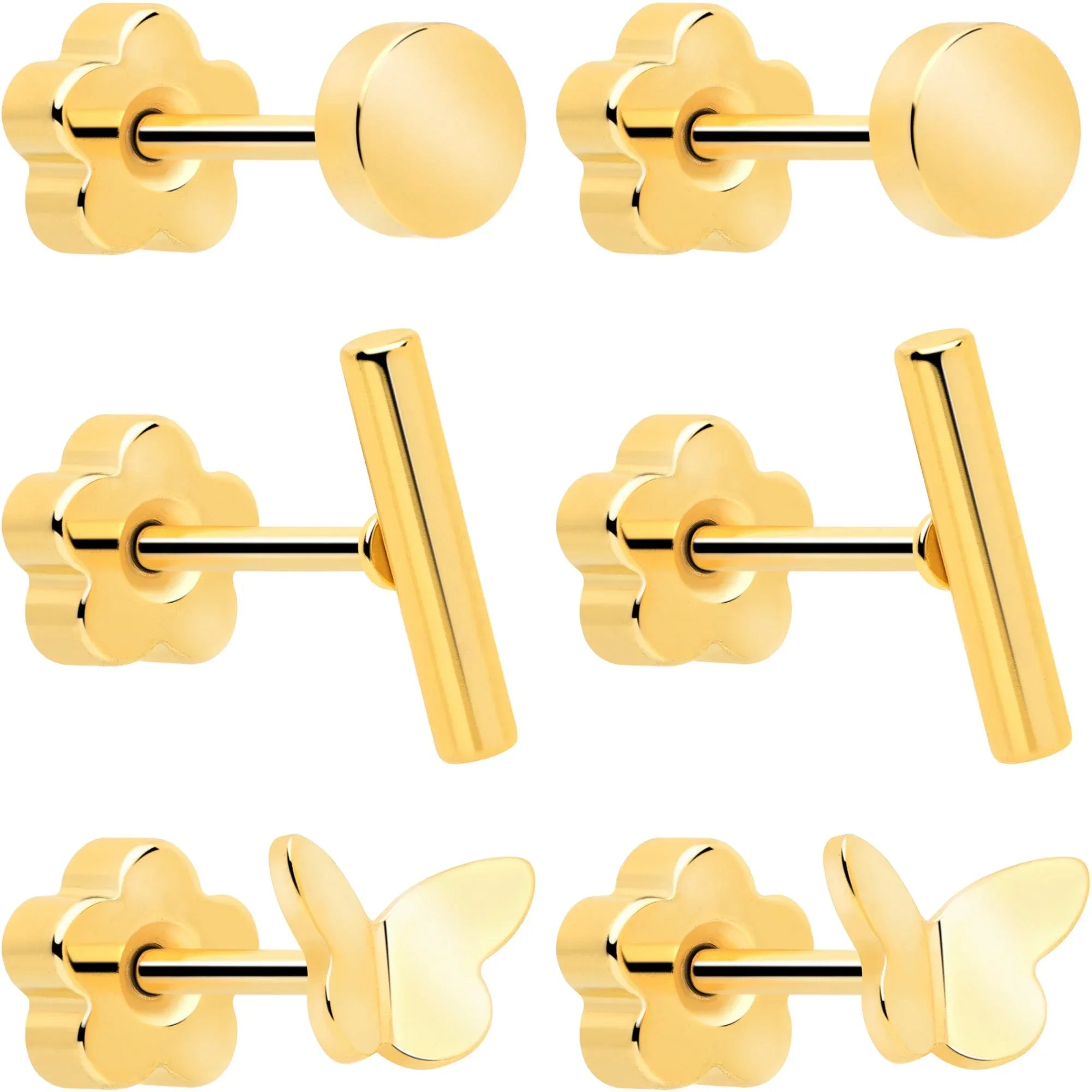 20G Bar Disc Butterfly Reversible Flower Flat Back Earring Set of 6 - BodyCandy - Flyclothing LLC