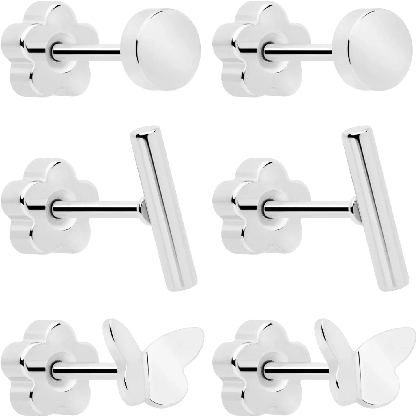 20G Bar Disc Butterfly Reversible Flower Flat Back Earring Set of 6 - BodyCandy - Flyclothing LLC