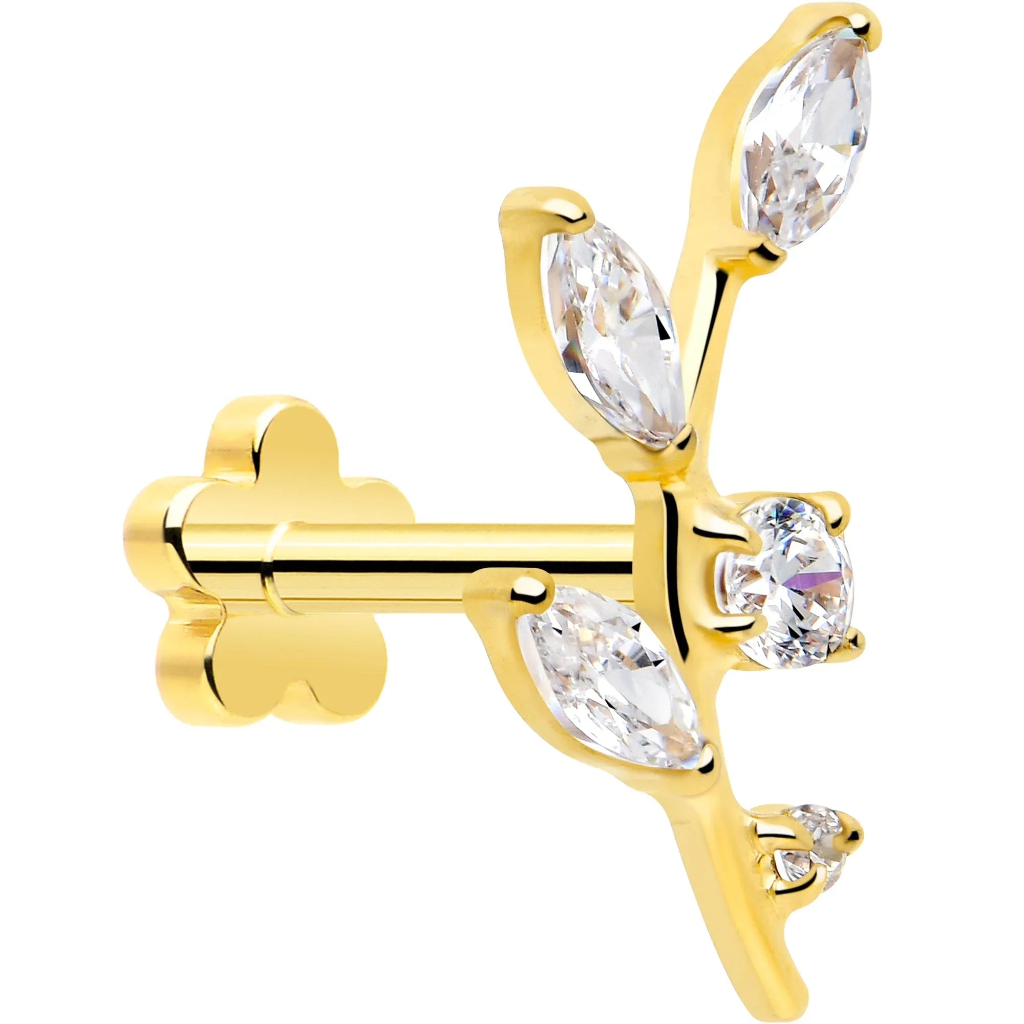 18G 1/4 Clear Gem Gold PVD Implant Grade Titanium Leaves Threadless Flatback Earring - BodyCandy - Flyclothing LLC