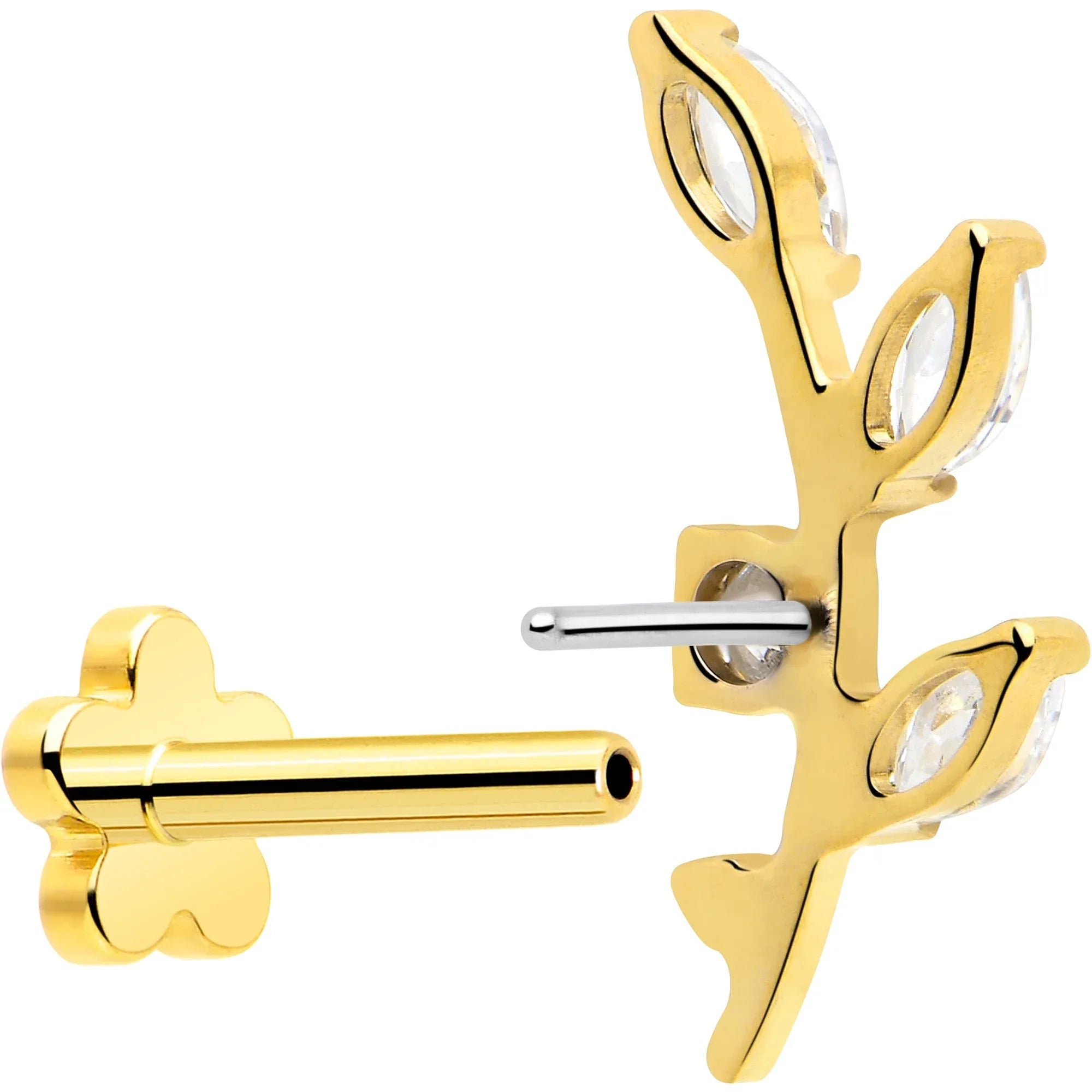 18G 1/4 Clear Gem Gold PVD Implant Grade Titanium Leaves Threadless Flatback Earring - BodyCandy - Flyclothing LLC