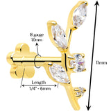 18G 1/4 Clear Gem Gold PVD Implant Grade Titanium Leaves Threadless Flatback Earring - BodyCandy - Flyclothing LLC