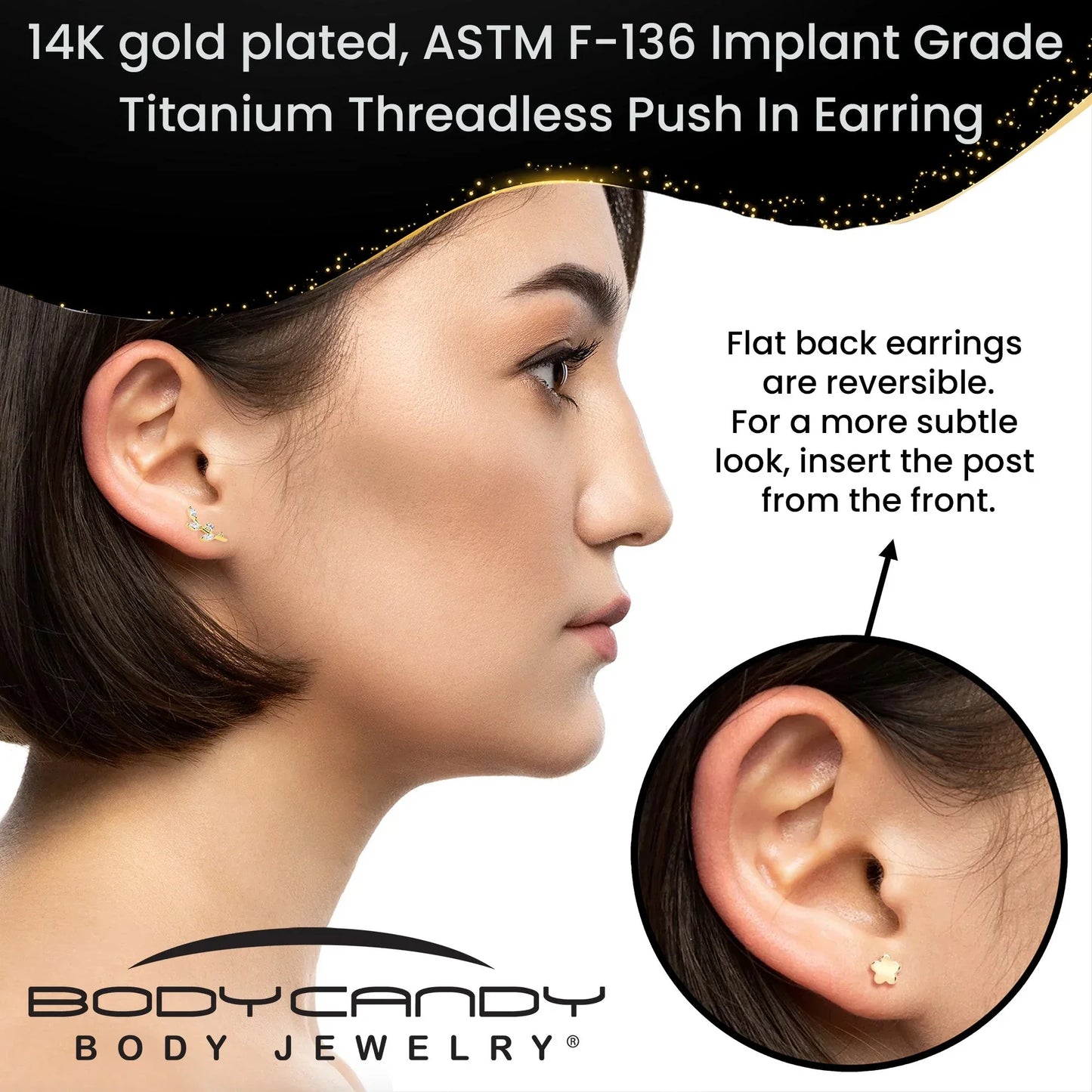 18G 1/4 Clear Gem Gold PVD Implant Grade Titanium Leaves Threadless Flatback Earring - BodyCandy - Flyclothing LLC
