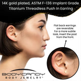 18G 1/4 Clear Gem Gold PVD Implant Grade Titanium Leaves Threadless Flatback Earring - BodyCandy - Flyclothing LLC