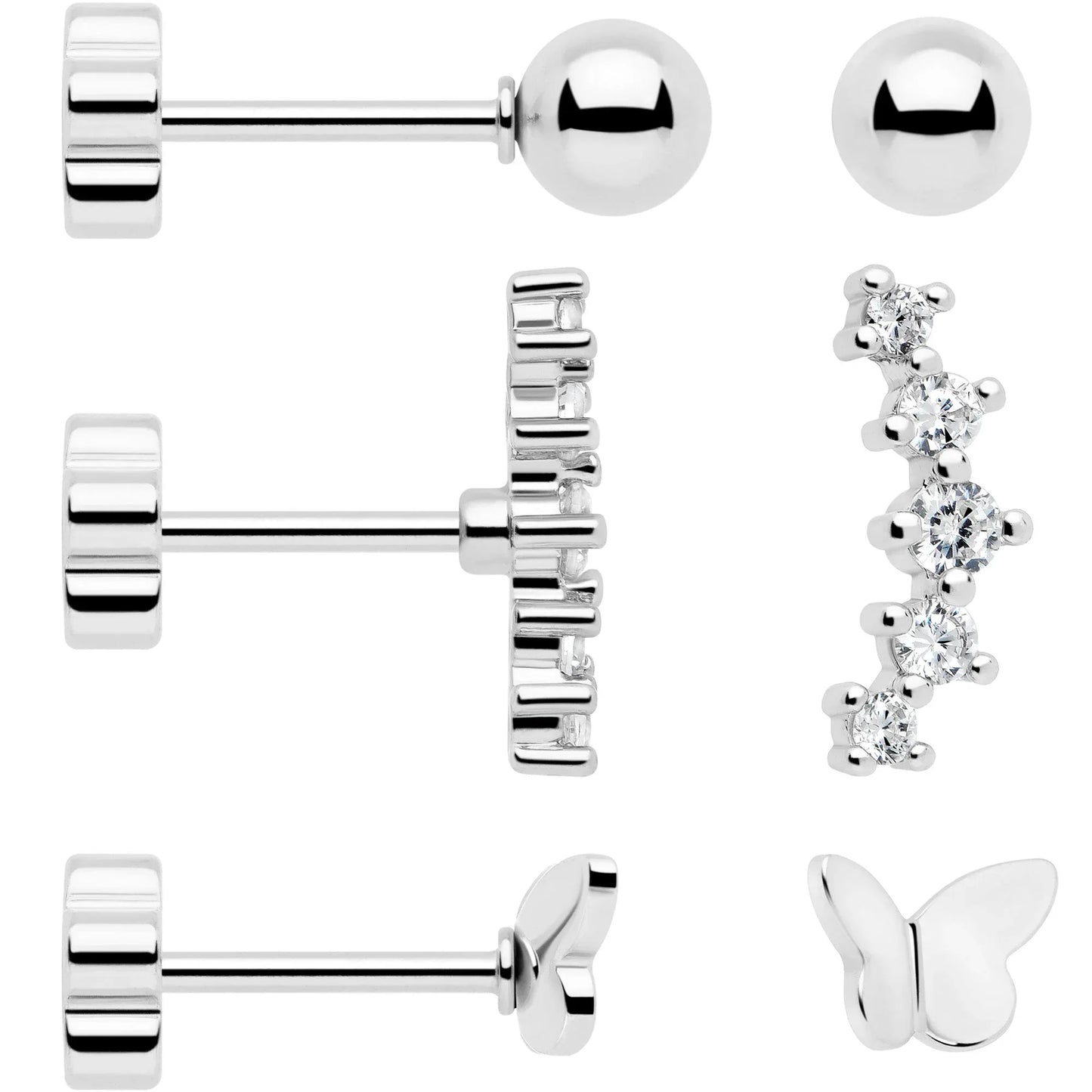 20G CZ Gem Ball Arch Butterfly Reversible Flower Flat Back Earring Set of 6 - BodyCandy - Flyclothing LLC