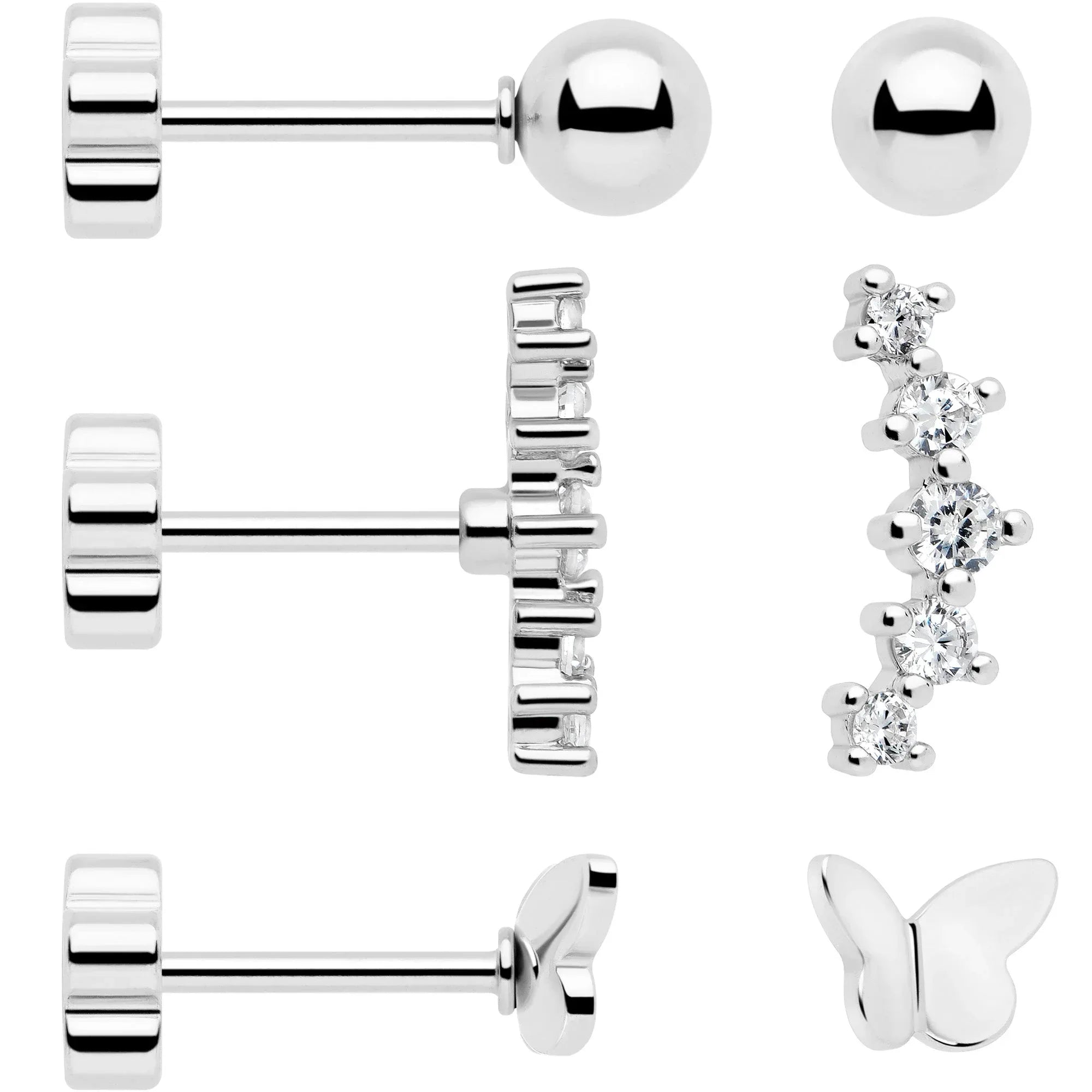 20G CZ Gem Ball Arch Butterfly Reversible Flower Flat Back Earring Set of 6 - BodyCandy - Flyclothing LLC