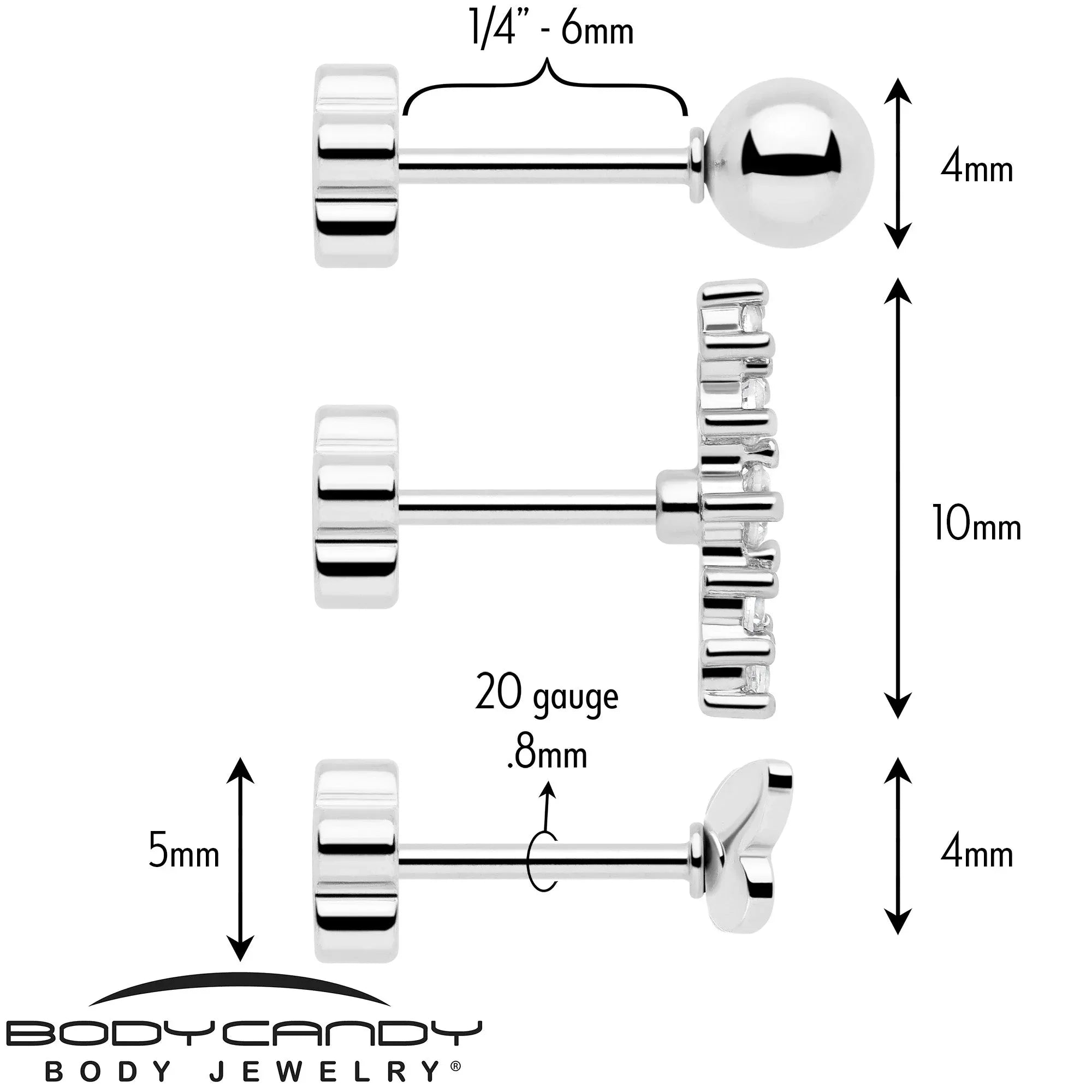 20G CZ Gem Ball Arch Butterfly Reversible Flower Flat Back Earring Set of 6 - BodyCandy - Flyclothing LLC