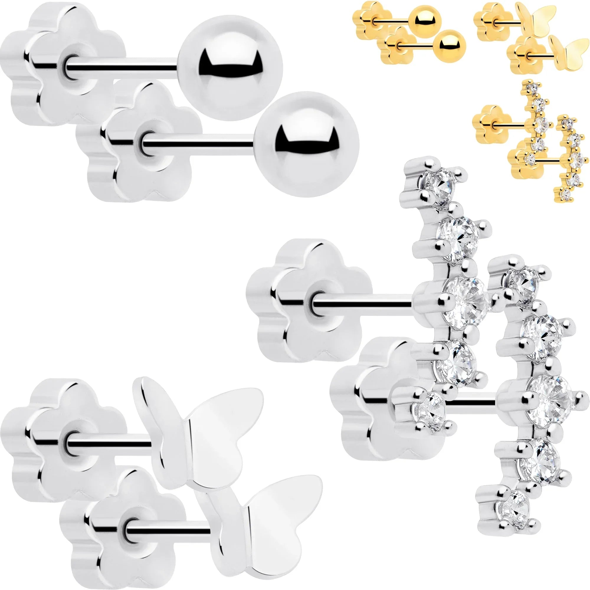 20G CZ Gem Ball Arch Butterfly Reversible Flower Flat Back Earring Set of 6 - BodyCandy - Flyclothing LLC