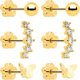 20G CZ Gem Ball Arch Butterfly Reversible Flower Flat Back Earring Set of 6 - BodyCandy - Flyclothing LLC