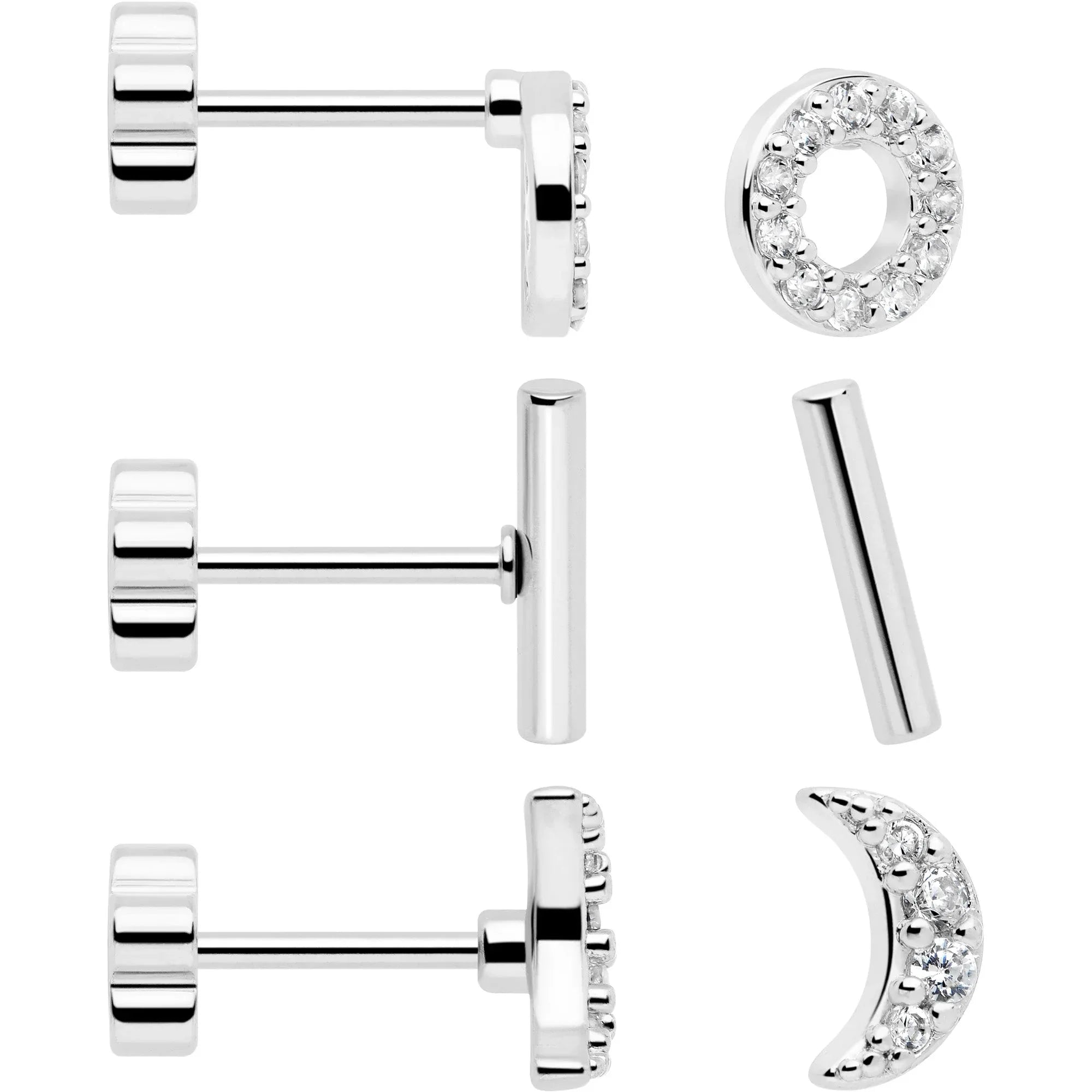 20G Clear CZ Gem Moon Circle Bar Reversible Flower Flat Back Earring Set of 6 - BodyCandy - Flyclothing LLC