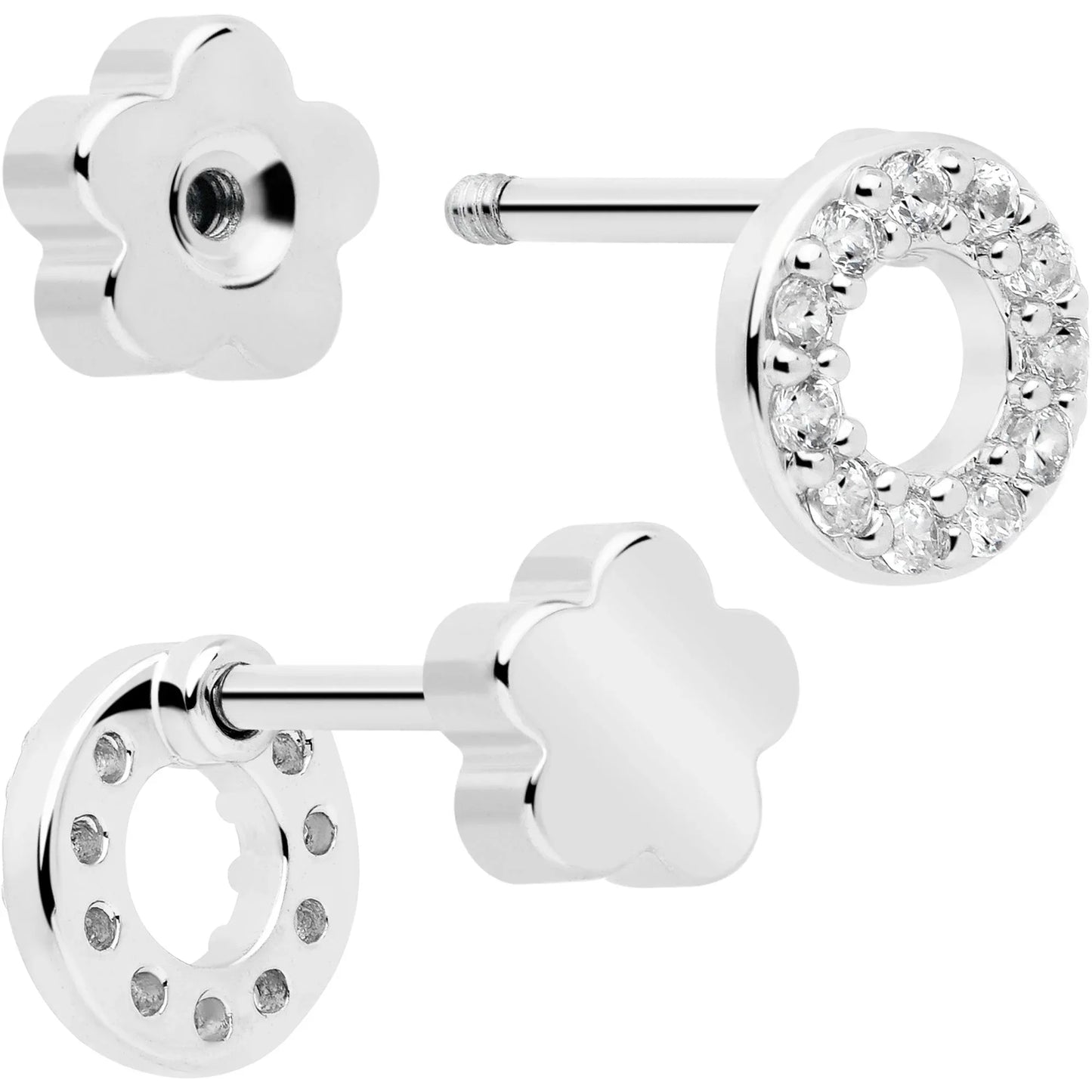20G Clear CZ Gem Moon Circle Bar Reversible Flower Flat Back Earring Set of 6 - BodyCandy - Flyclothing LLC