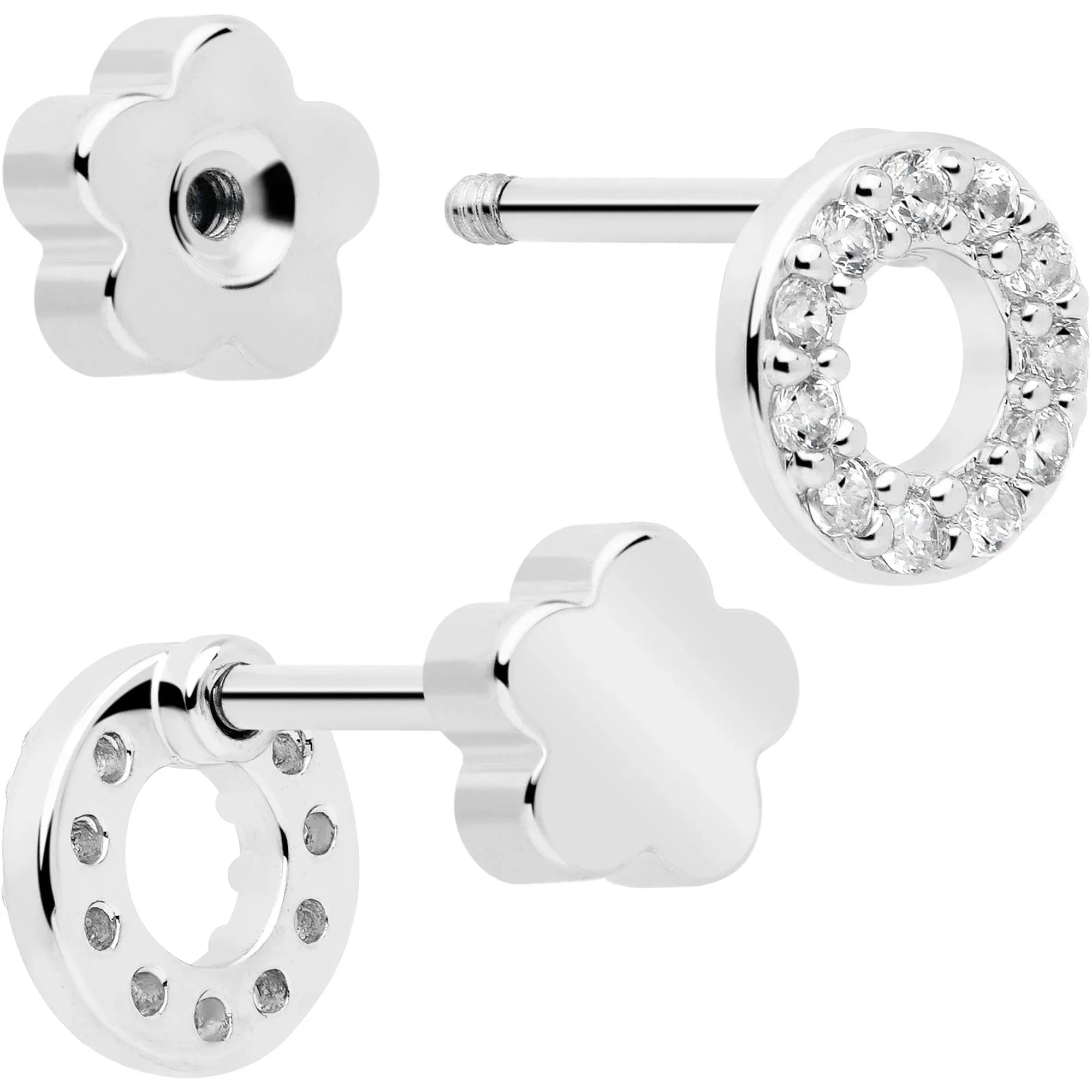 20G Clear CZ Gem Moon Circle Bar Reversible Flower Flat Back Earring Set of 6 - BodyCandy - Flyclothing LLC