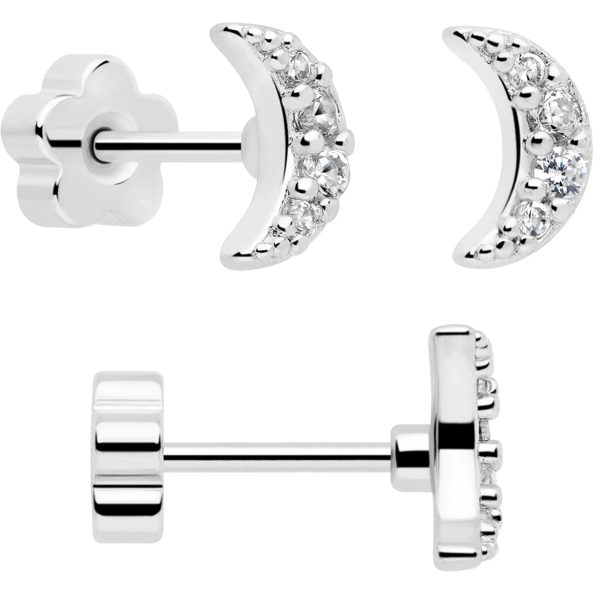 20G Clear CZ Gem Moon Circle Bar Reversible Flower Flat Back Earring Set of 6 - BodyCandy - Flyclothing LLC