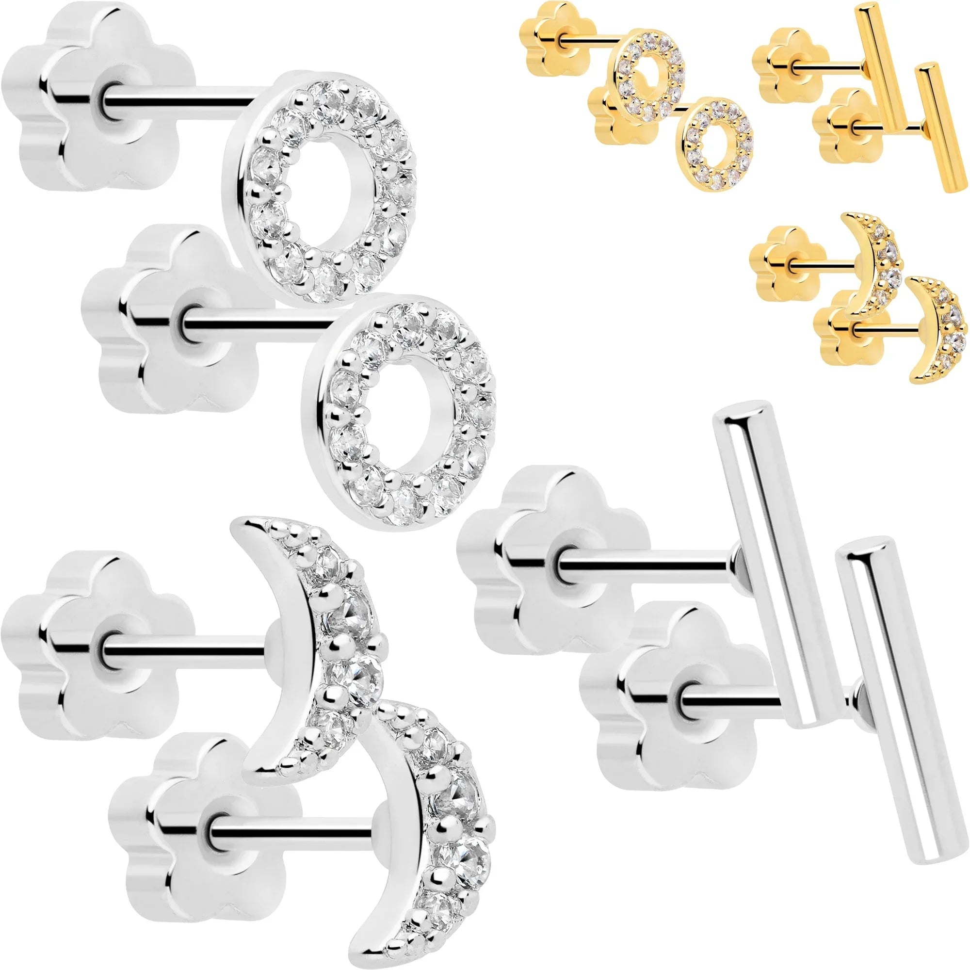 20G Clear CZ Gem Moon Circle Bar Reversible Flower Flat Back Earring Set of 6 - BodyCandy - Flyclothing LLC