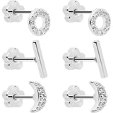 20G Clear CZ Gem Moon Circle Bar Reversible Flower Flat Back Earring Set of 6 - BodyCandy - Flyclothing LLC