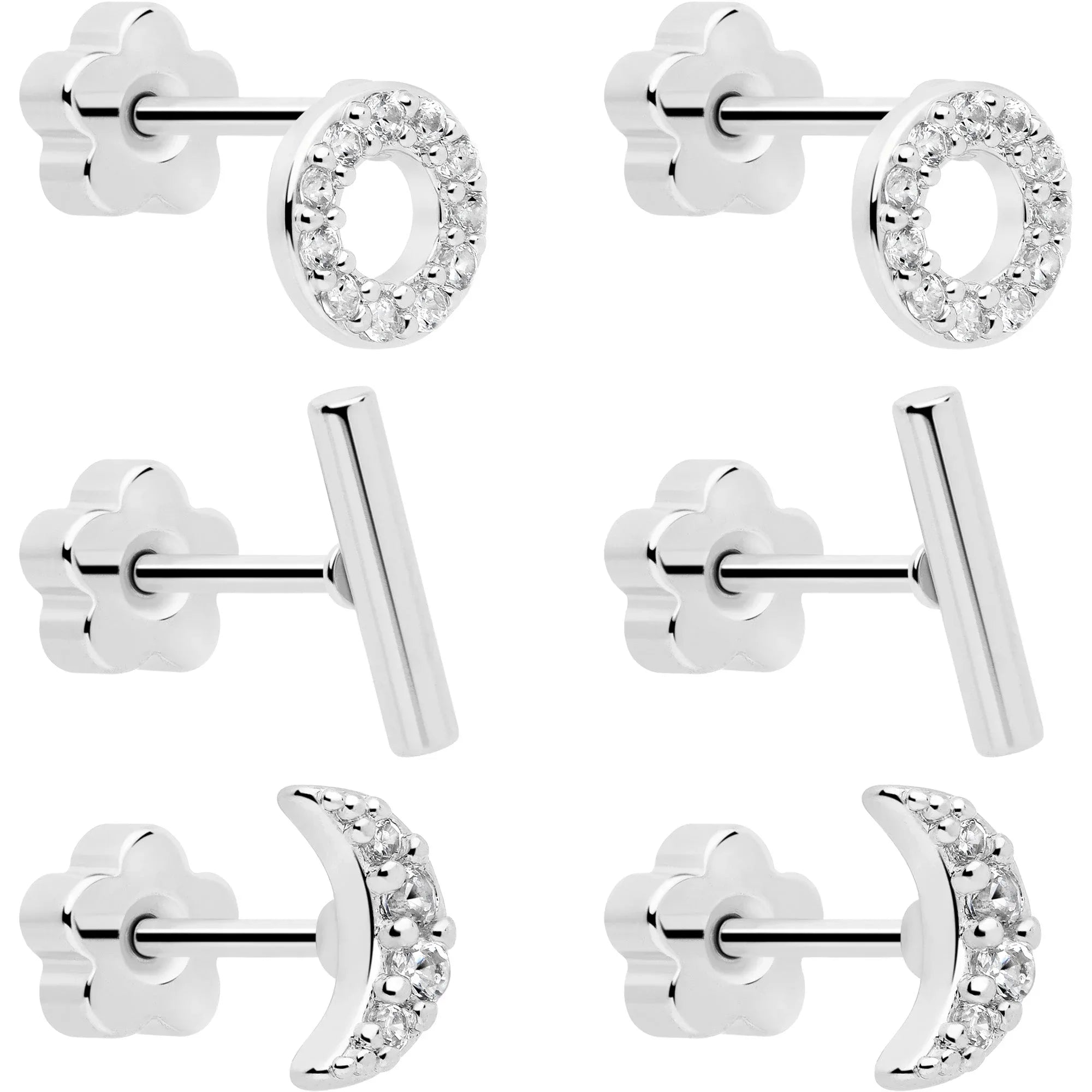 20G Clear CZ Gem Moon Circle Bar Reversible Flower Flat Back Earring Set of 6 - BodyCandy - Flyclothing LLC
