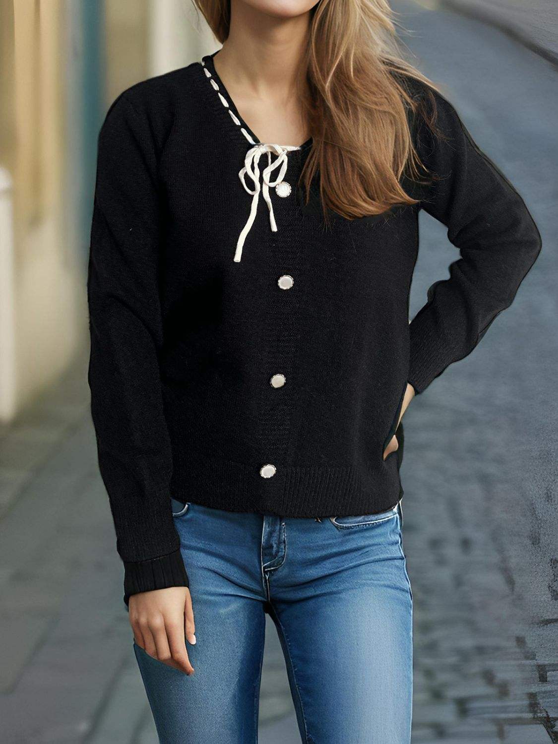 Tied V-Neck Long Sleeve Sweater - Trendsi - Flyclothing LLC
